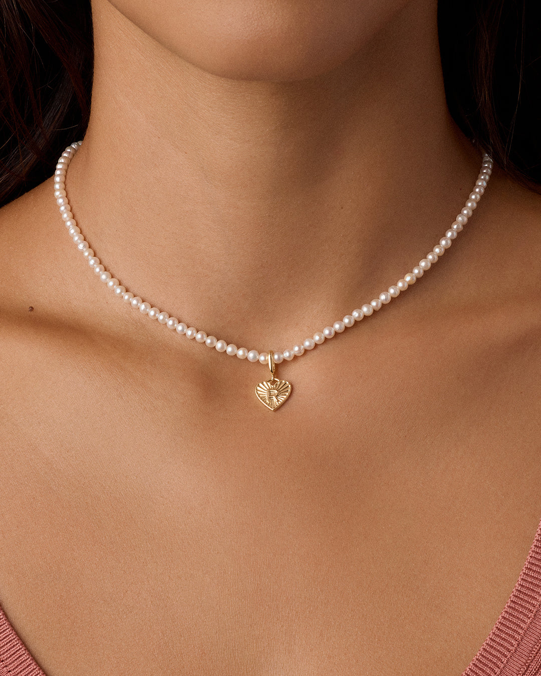 Vintage Heart Alphabet Charm Necklace - R || option::18K Gold Plated, R