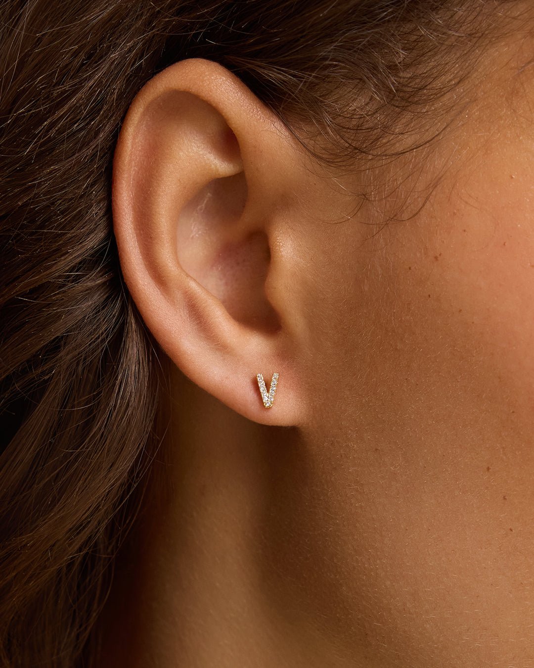 Wilder Shimmer Alphabet Single Stud || option::18K Gold Plated, V
