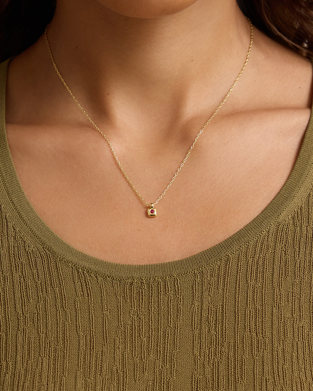 Petite Puff Birthstone Necklace || option::18K Gold Plated, Ruby - July
