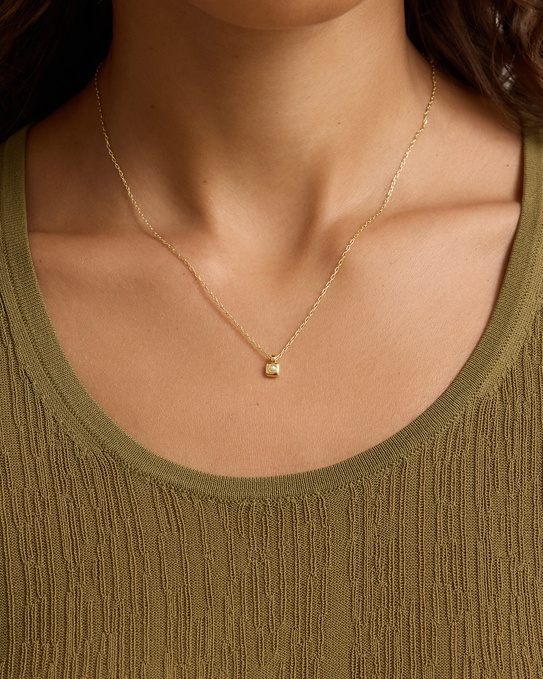 Petite Puff Birthstone Necklace || option::18K Gold Plated, Pearl - June