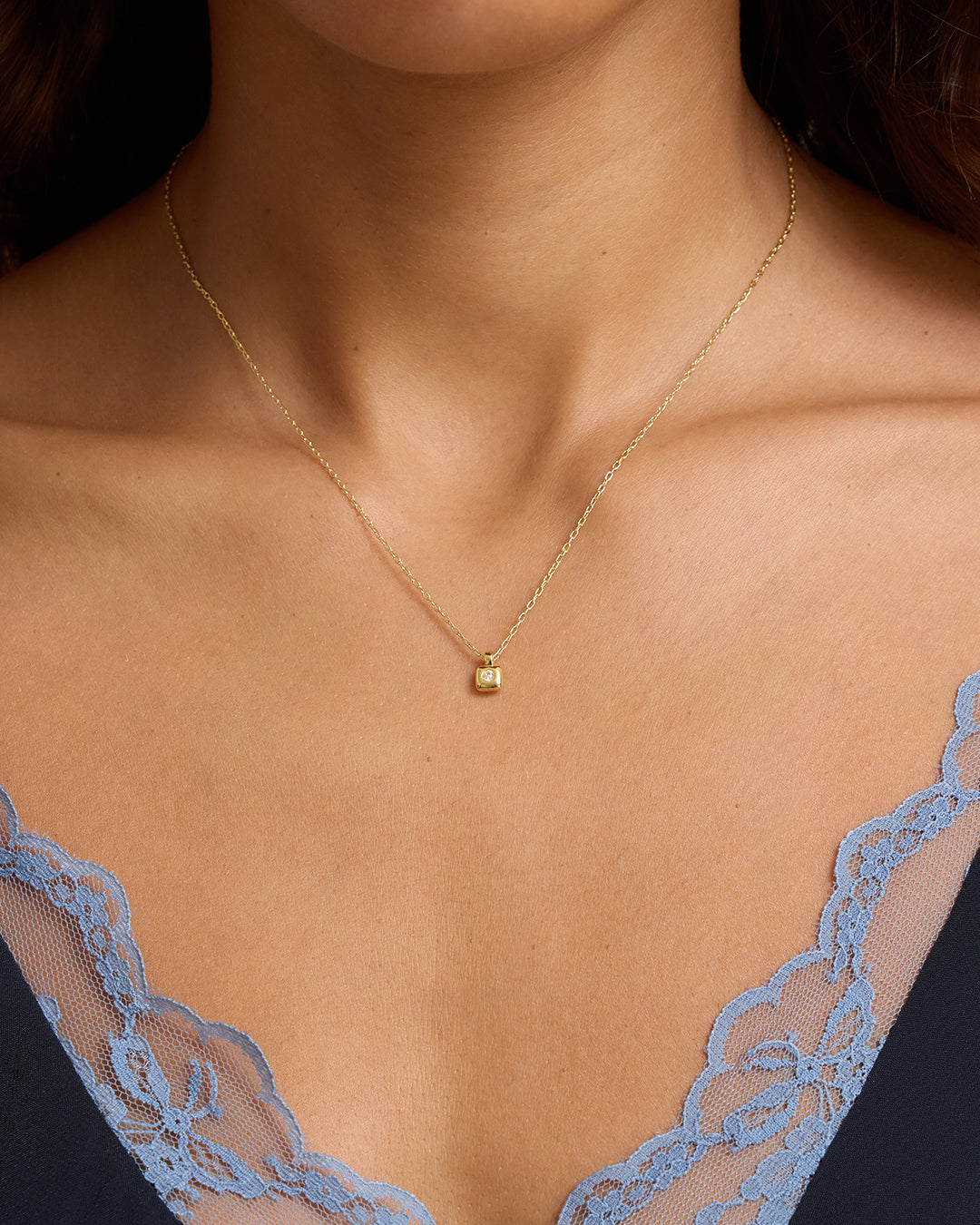 Petite Puff Birthstone Necklace || option::18K Gold Plated, White Topaz - April