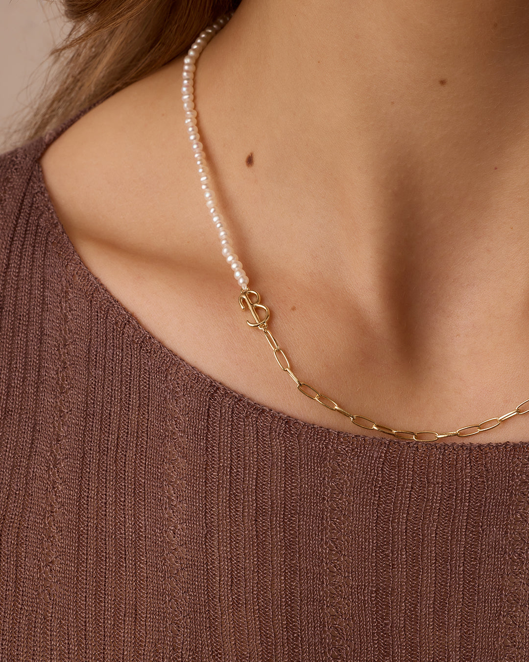 Lou Pearl Alphabet Necklace || option::18k Gold Plated, B