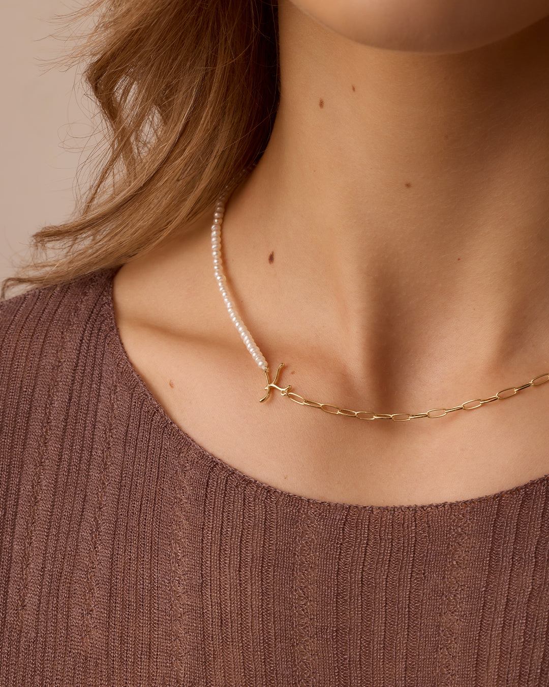 Lou Pearl Alphabet Necklace || option::18k Gold Plated, K 