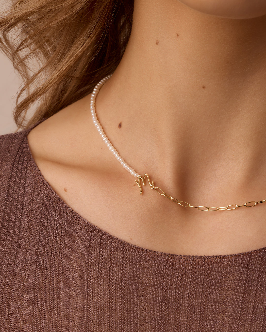 Lou Pearl Alphabet Necklace || option::18k Gold Plated, M 