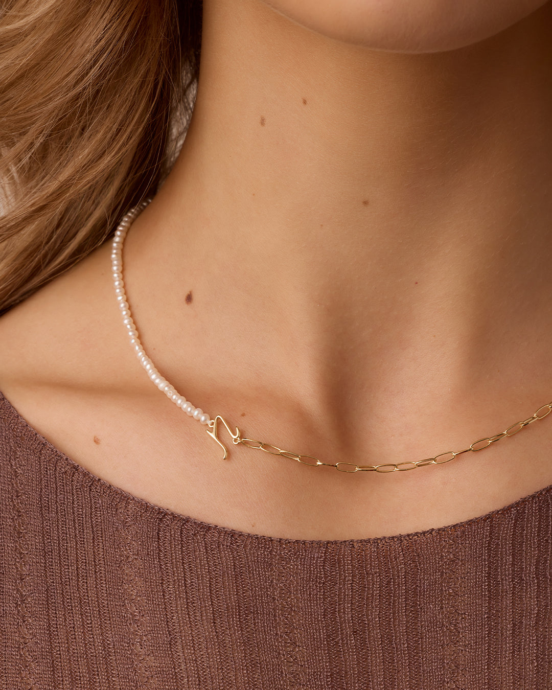 Lou Pearl Alphabet Necklace || option::18k Gold Plated, N 