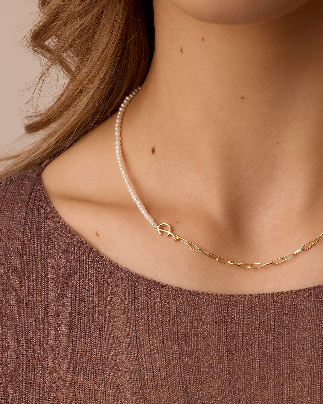 Lou Pearl Alphabet Necklace || option::18k Gold Plated, P 