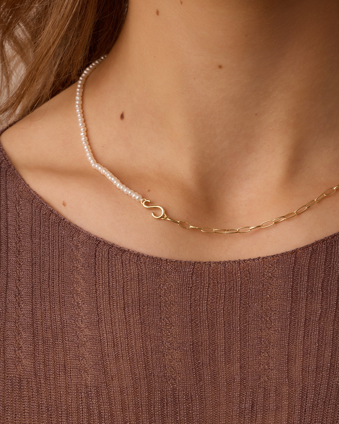 Lou Pearl Alphabet Necklace || option::18k Gold Plated, S 