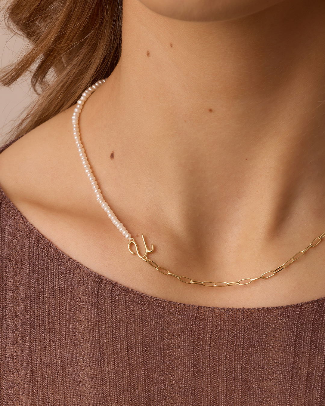 Lou Pearl Alphabet Necklace || option::18k Gold Plated, U 