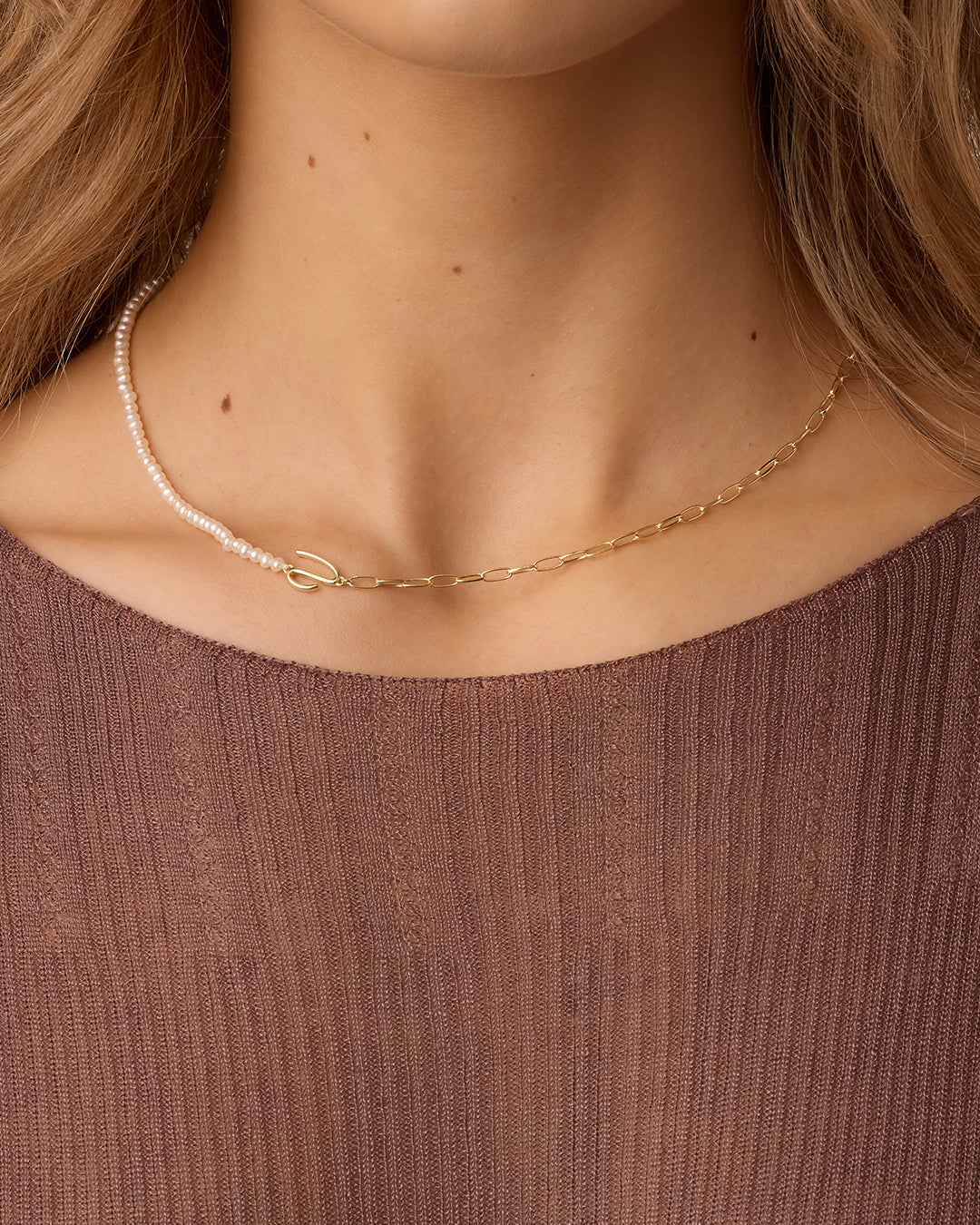Lou Pearl Alphabet Necklace || option::18k Gold Plated, V 