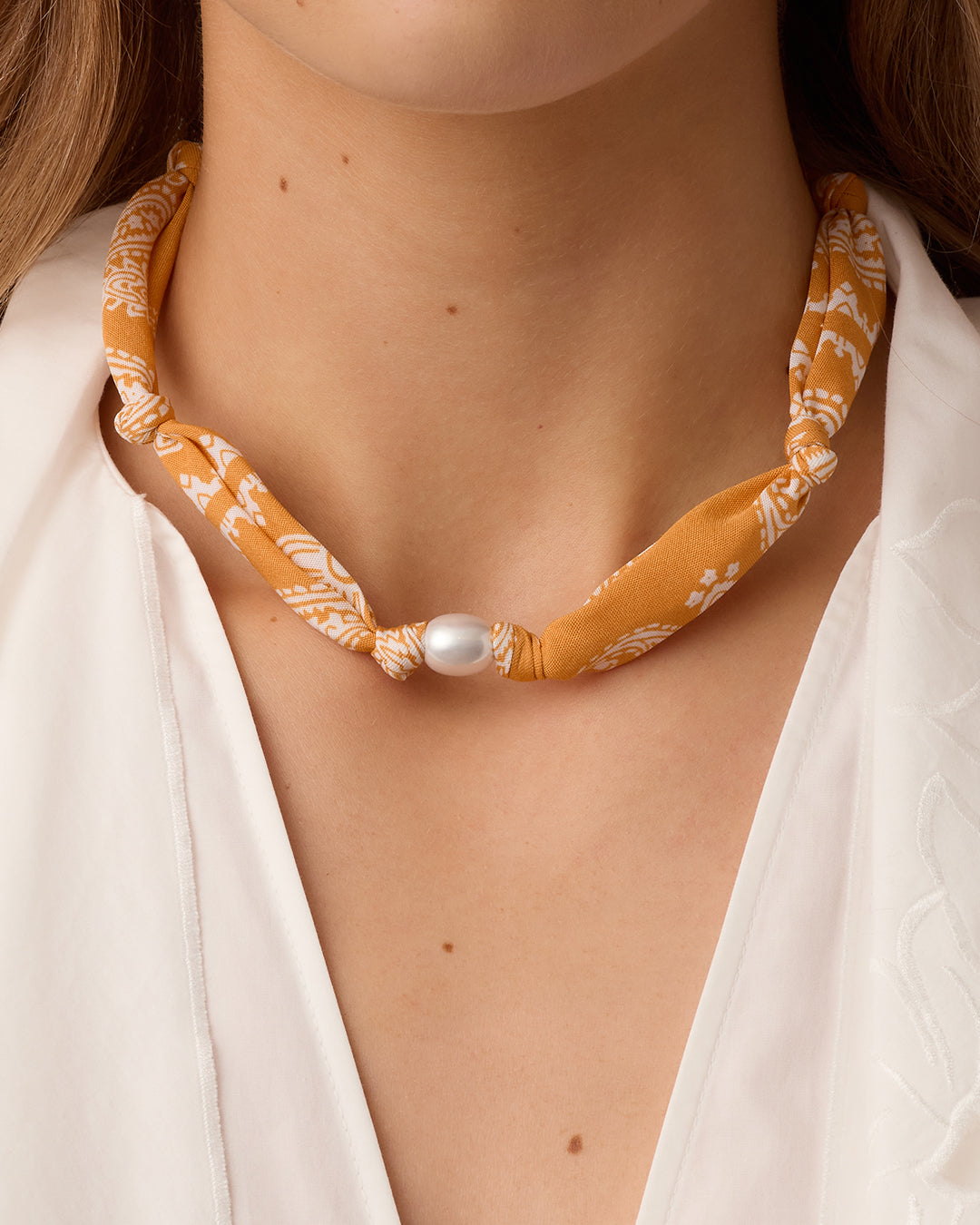 Paisley Bandana Pearl Necklace  || option::18k Gold Plated, Yellow