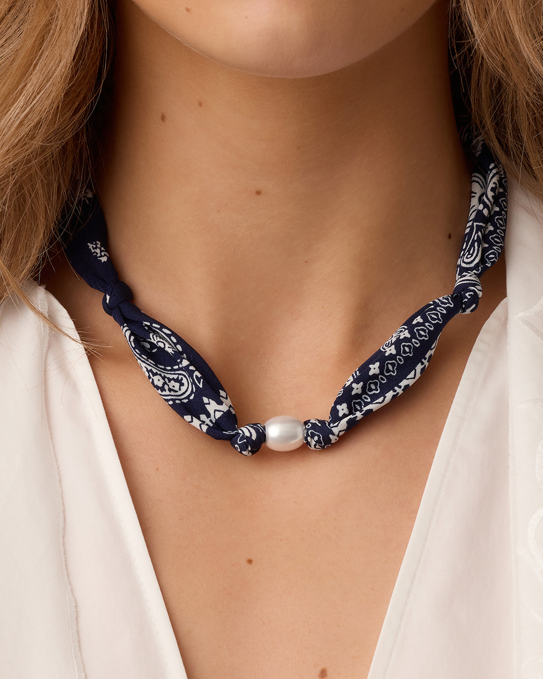 Paisley Bandana Pearl Necklace || option::18k Gold Plated, Navy