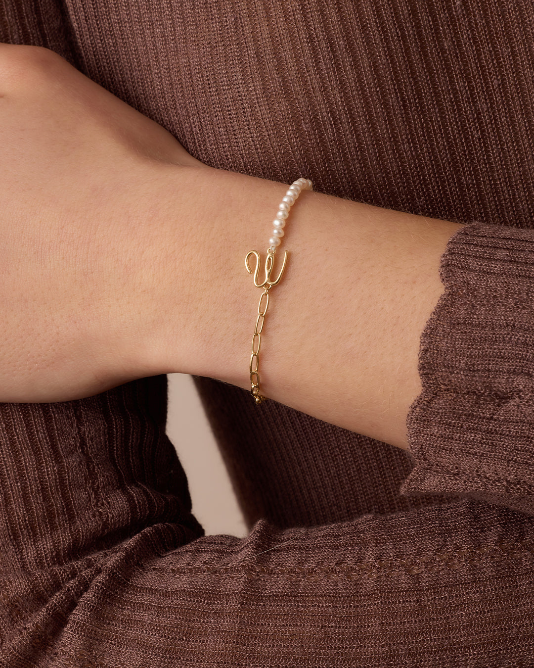 Lou Pearl Alphabet Bracelet || option::18k Gold Plated, W 