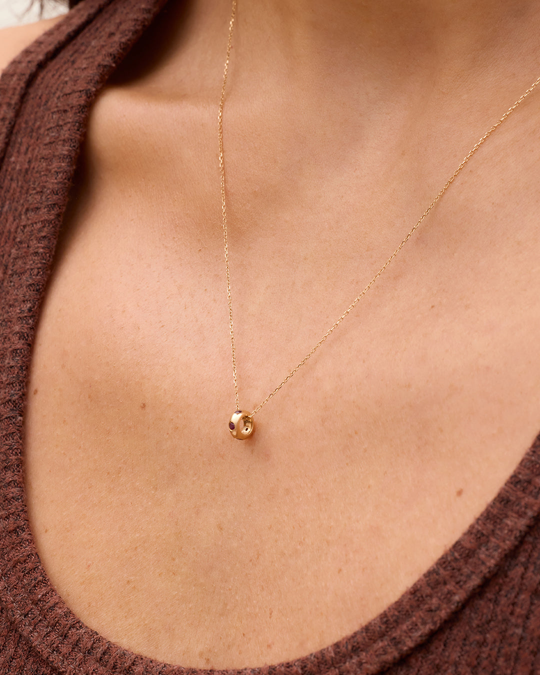 14K Gold Birthstone Halo Charm Necklace || option::14k Solid Gold, Ruby - July