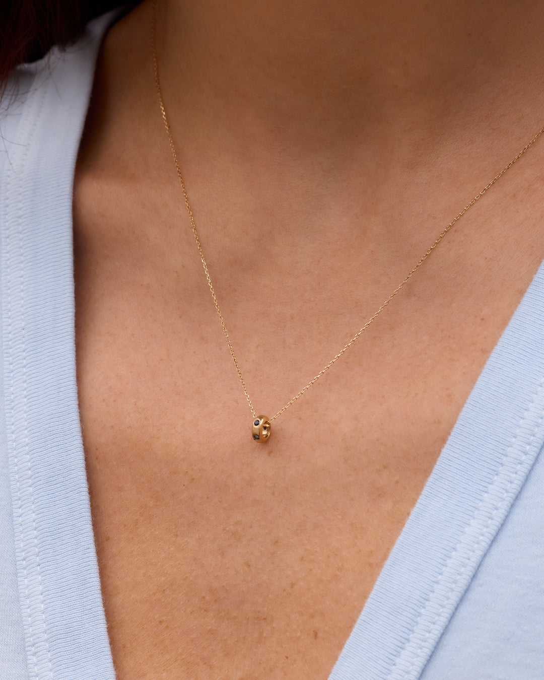 14K Gold Birthstone Halo Charm Necklace || option::14k Solid Gold, Blue Sapphire - September