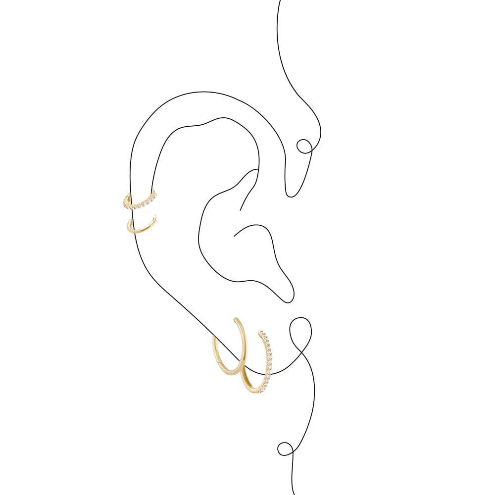 Graphic of an ear with 4 gold hoops, 2 in first and second piercings and 2 in cartilage area 