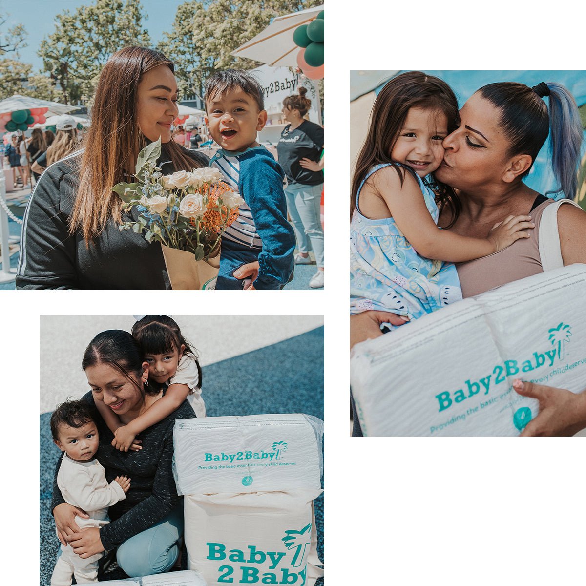 collage of images of moms and children with the Baby2Baby organization. 