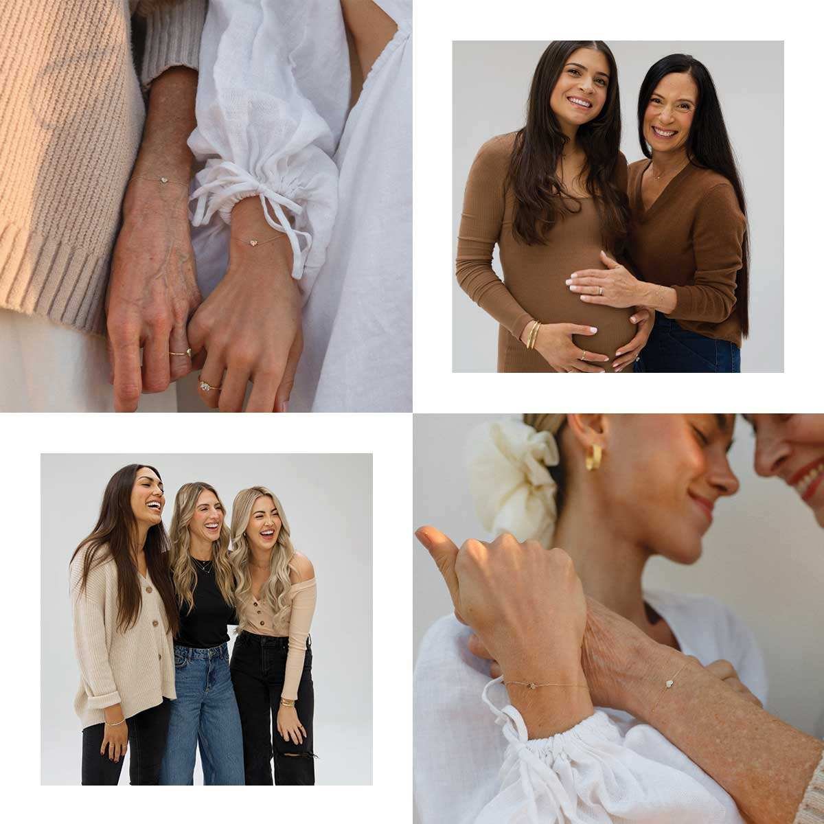 a collage of mothers, daughters, sisters and friends wearing the diamond bond bracelets together. shop the diamond bond collection. 