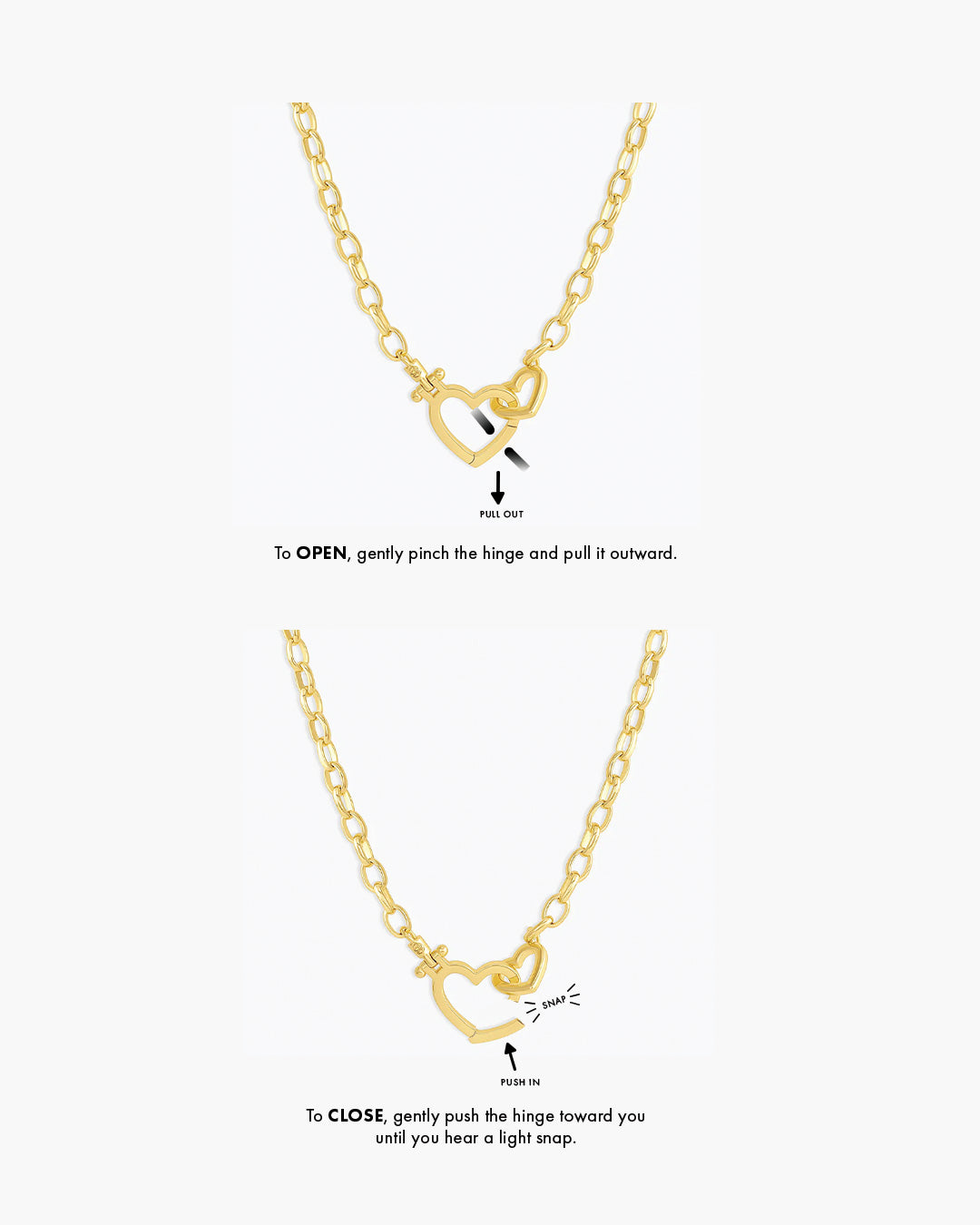 Pull out. To OPEN, gently pinch the hinge and pull it outward. To CLOSE, gently push the hinge toward you until you hear a light snap. 