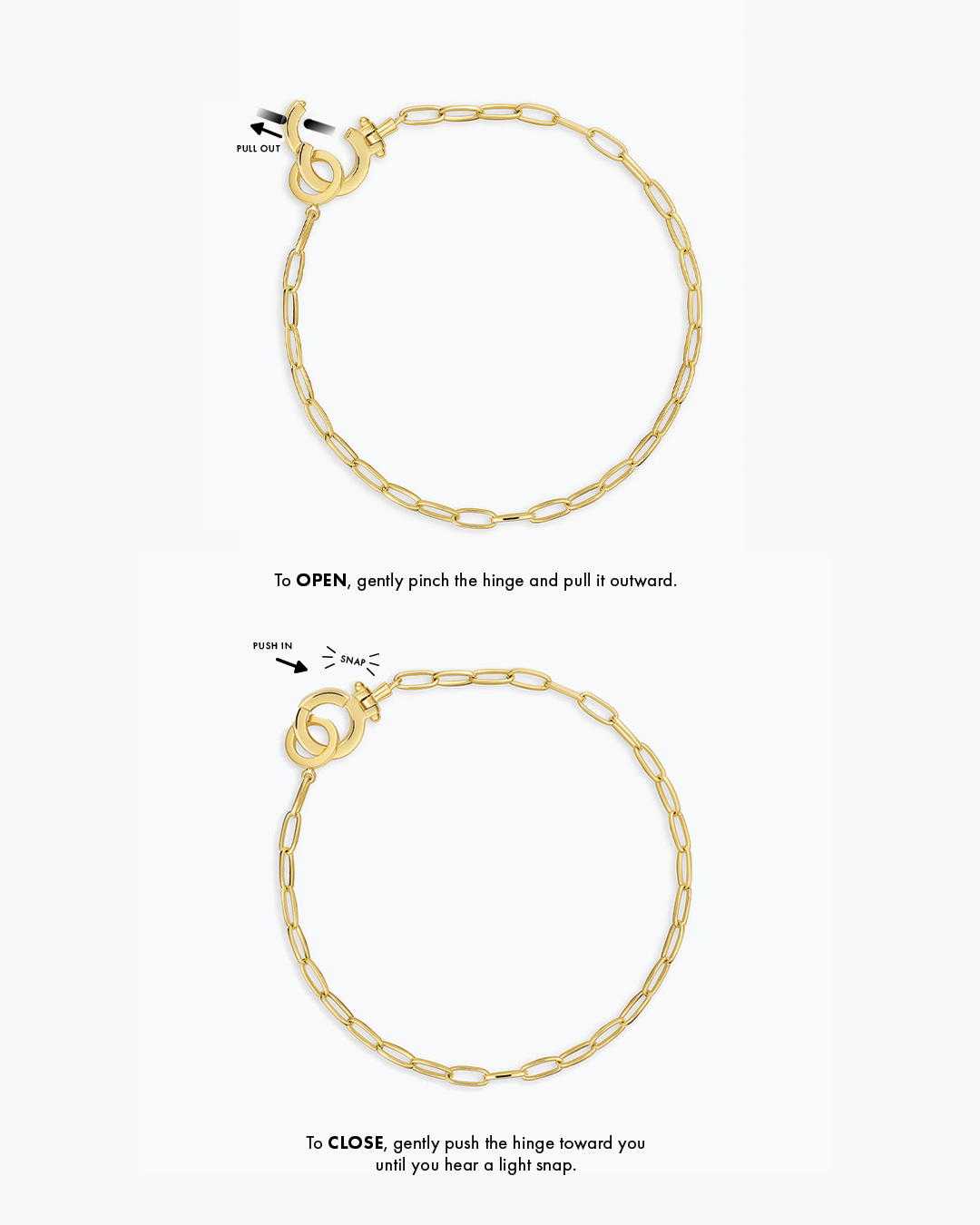 Pull out. To OPEN, gently pinch the hinge and pull it outward. To CLOSE, gently push the hinge toward you until you hear a light snap. 