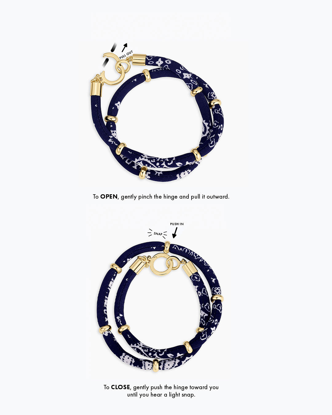 To OPEN, gently pinch the hinge and pull it outward. To CLOSE, gently push the hinge toward you until you hear a light snap. 