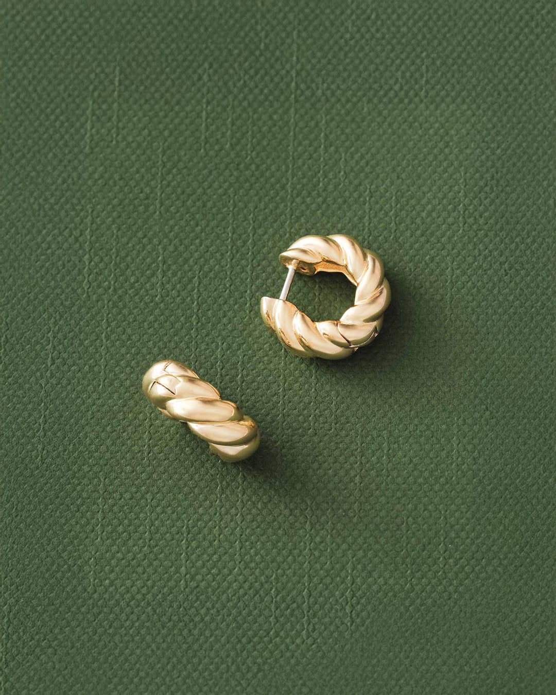 Gold hoop earrings on a green textured background
