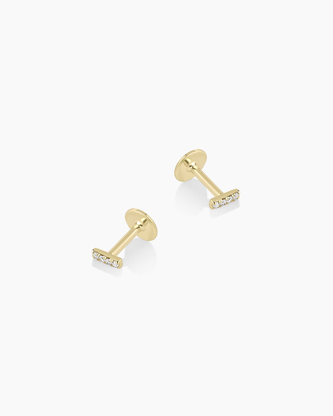 Diamond Pave Bar Flat Back Studs || option::14k Solid Gold, Pair