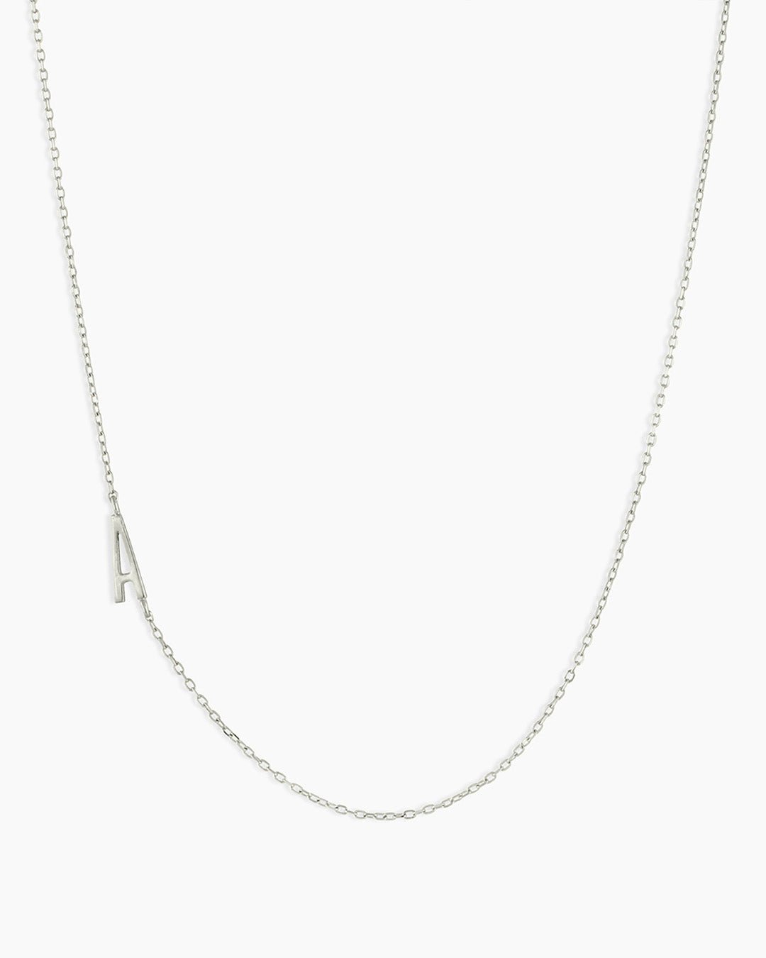 Woman wearing Alphabet Necklace || option::14k Solid White Gold, A
