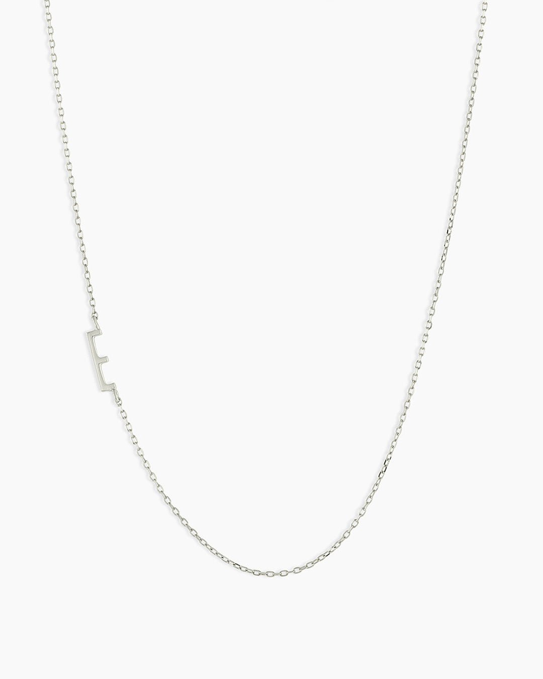 Woman wearing Alphabet Necklace || option::14k Solid White Gold, E