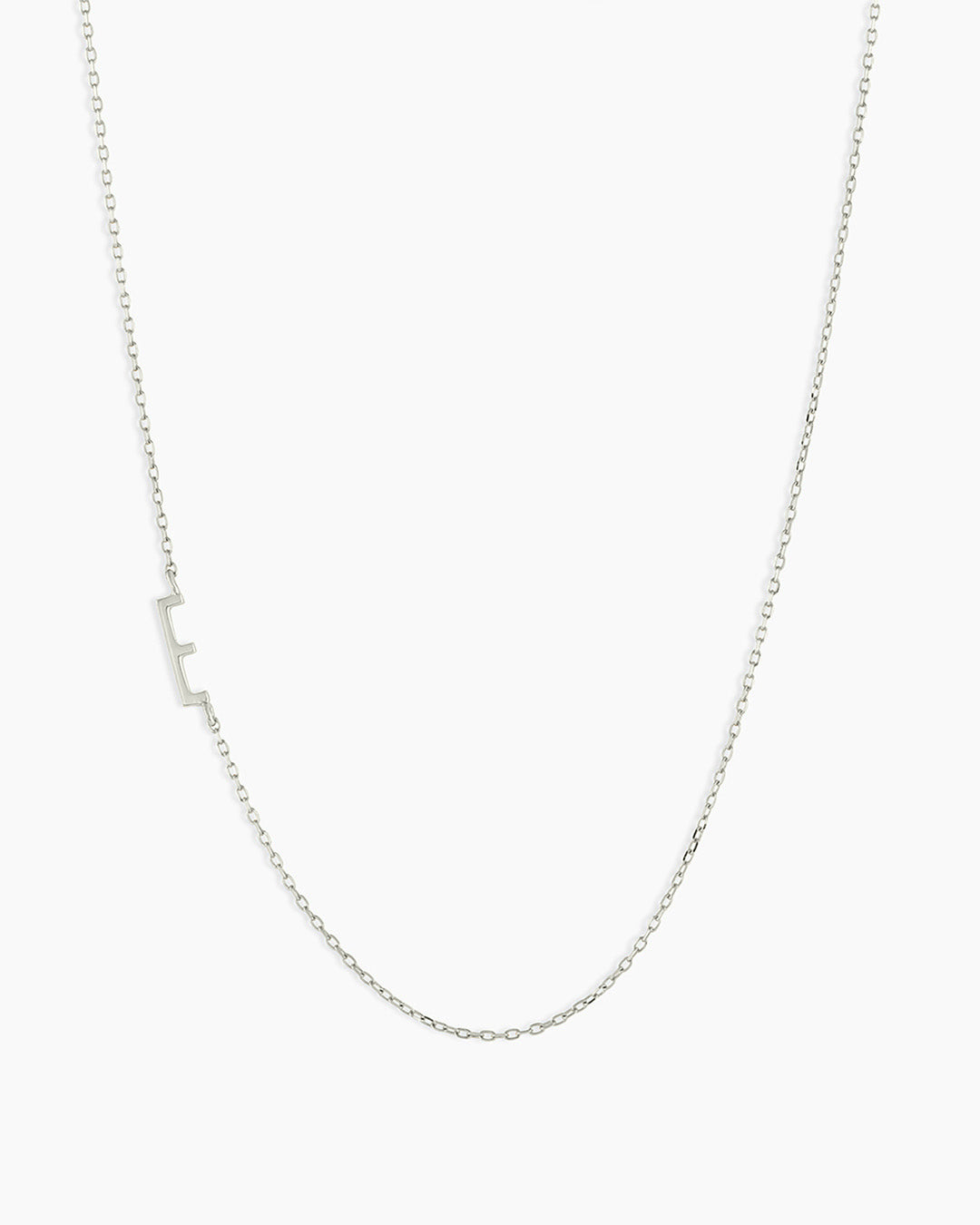Woman wearing Alphabet Necklace || option::14k Solid White Gold, E