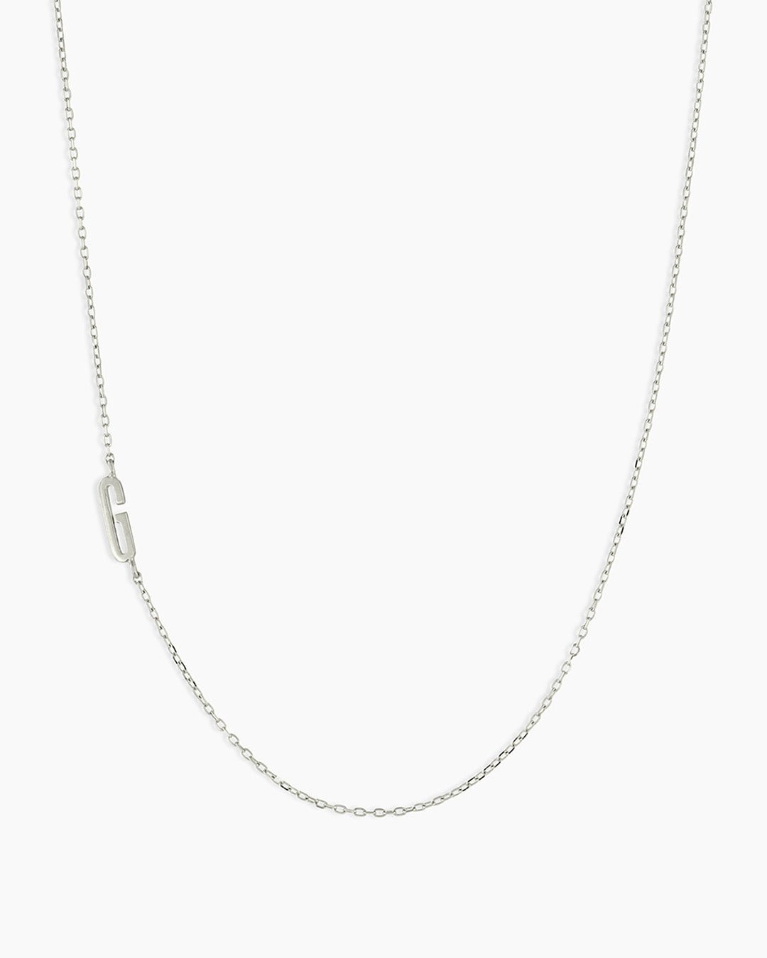 Woman wearing Alphabet Necklace || option::14k Solid White Gold, G