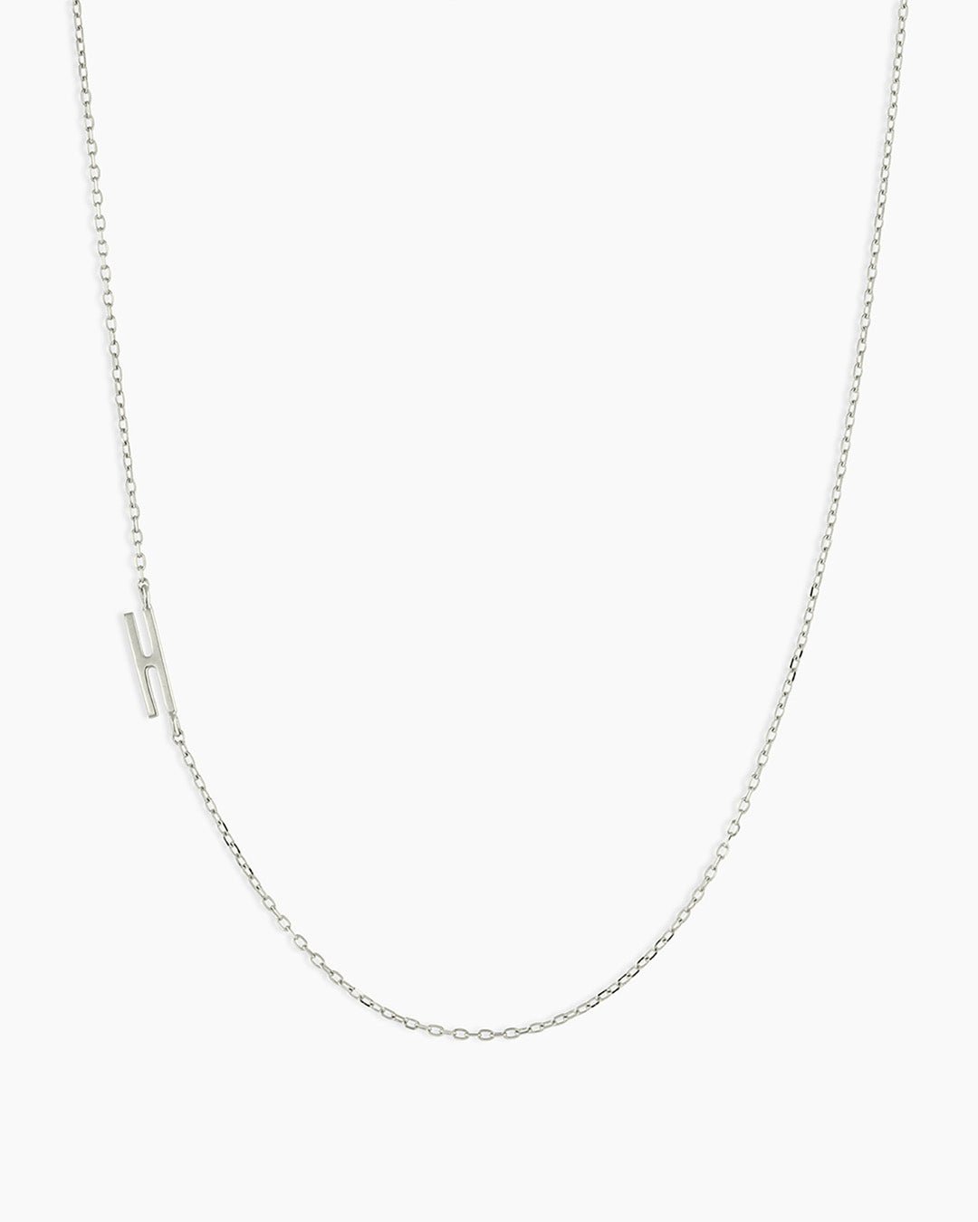 Woman wearing Alphabet Necklace || option::14k Solid White Gold, H