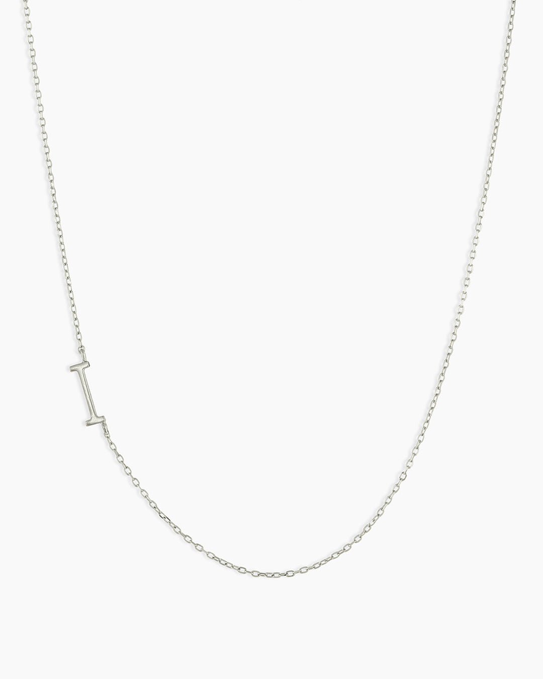 Woman wearing Alphabet Necklace || option::14k Solid White Gold, I