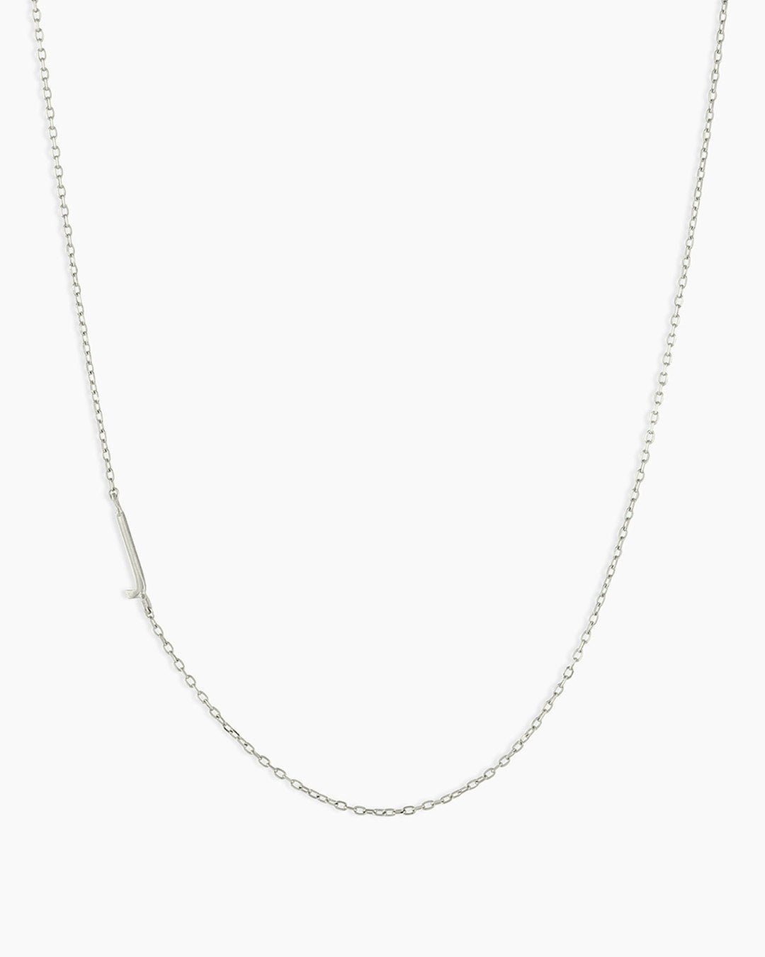 Woman wearing Alphabet Necklace || option::14k Solid White Gold, J