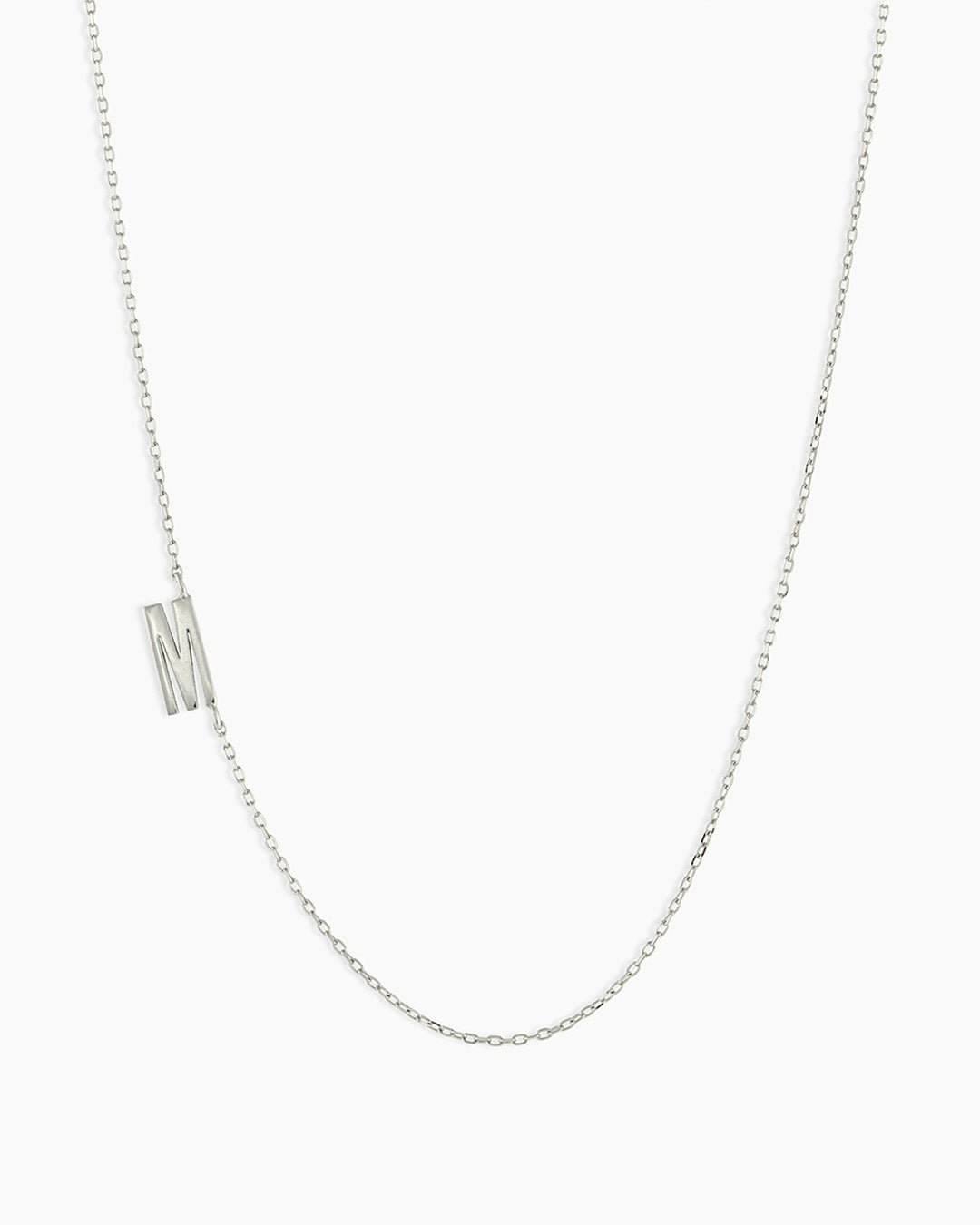 Woman wearing Alphabet Necklace || option::14k Solid White Gold, M