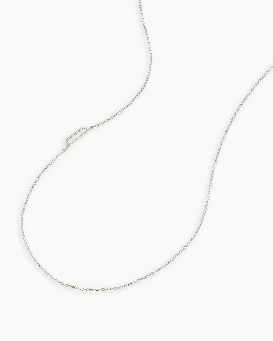 Woman wearing Alphabet Necklace || option::14k Solid White Gold, Q