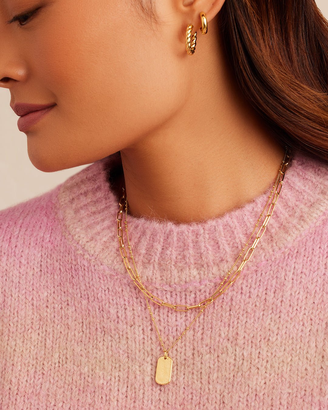 Parker Layering set,Gold Plated layered necklace chain link necklace and dog tag necklace set || option::Gold Plated