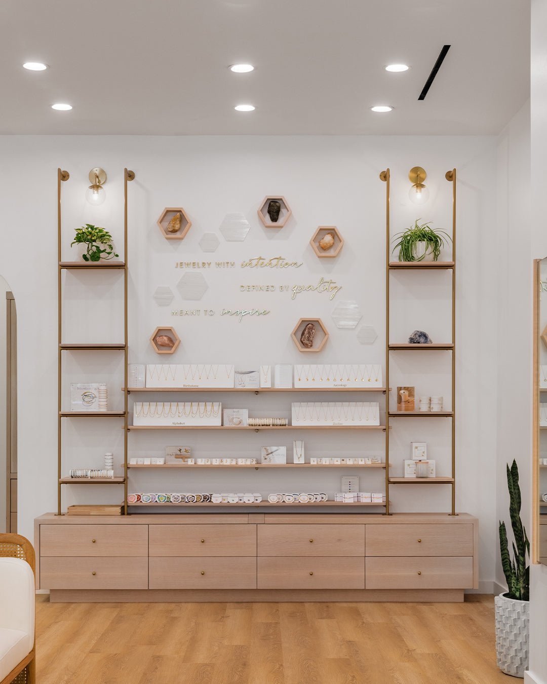 store with jewelry shelving and wood case below