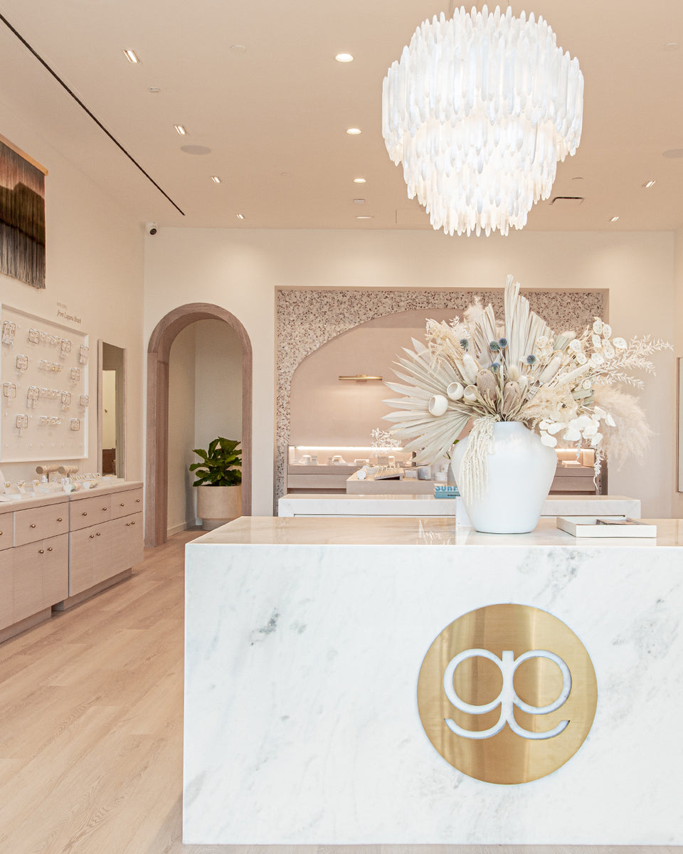 gorjana store interior with white marble counter