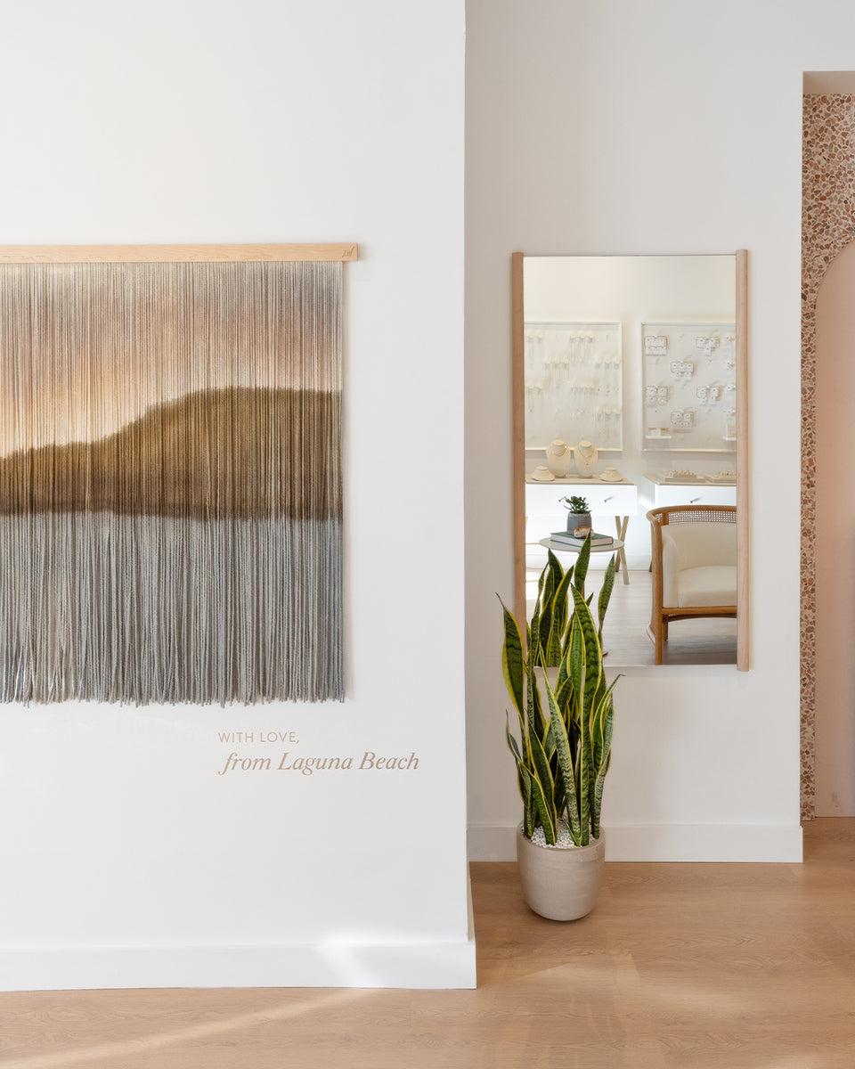 interior of gorjana store with green snake plant and mirror