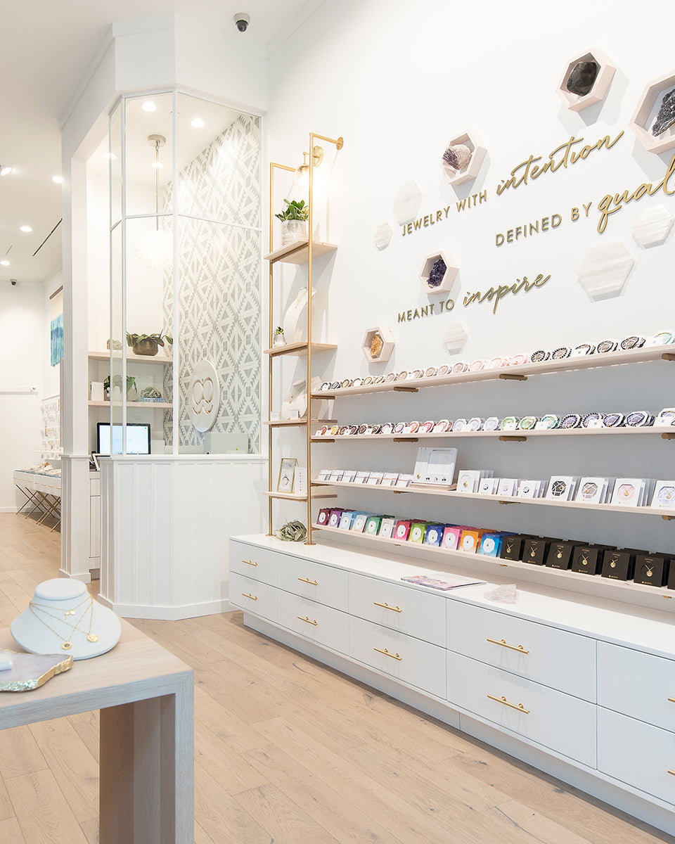 White walls filled with jewelry and jewelry cases below