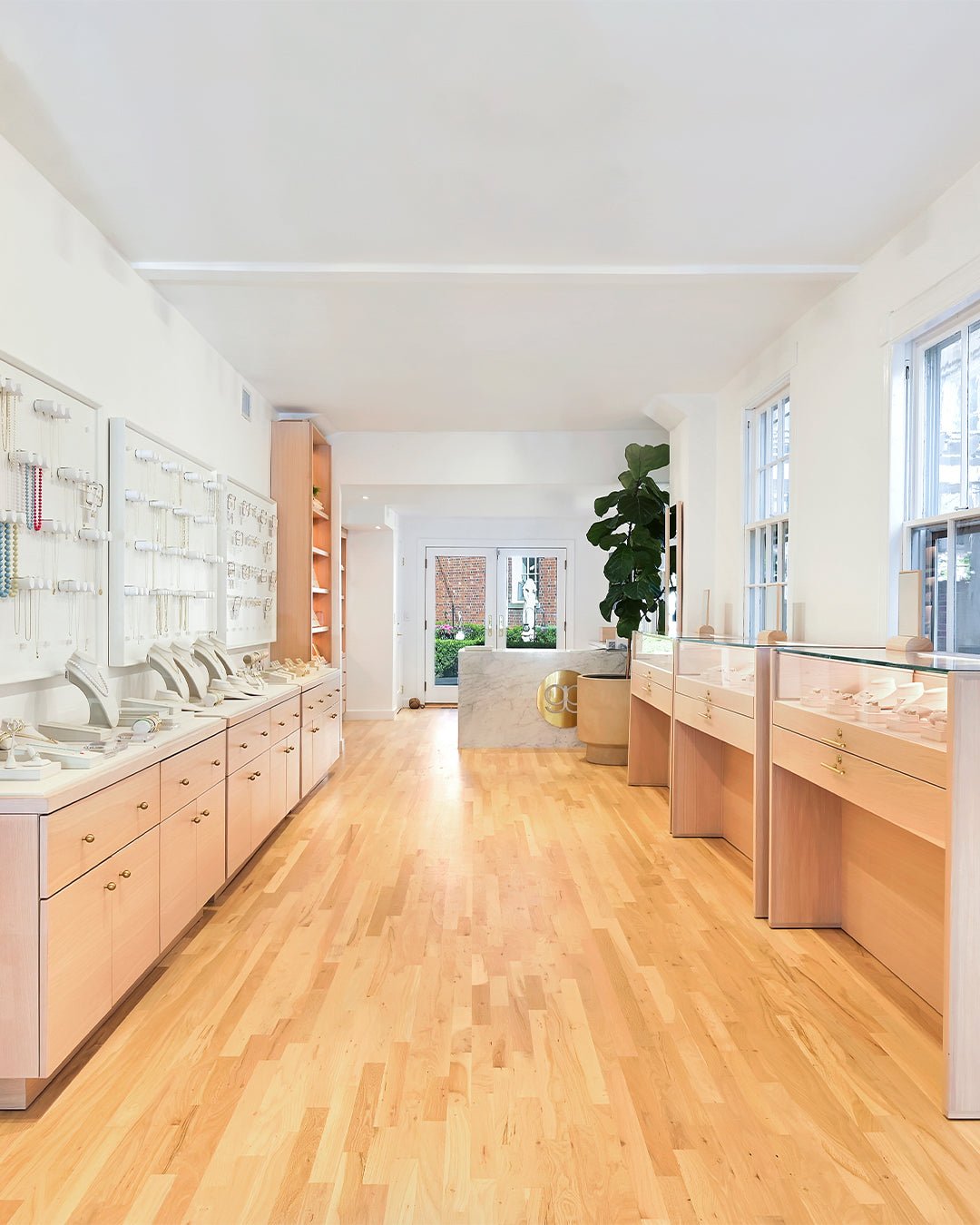 Bright, white store interior with wood floors