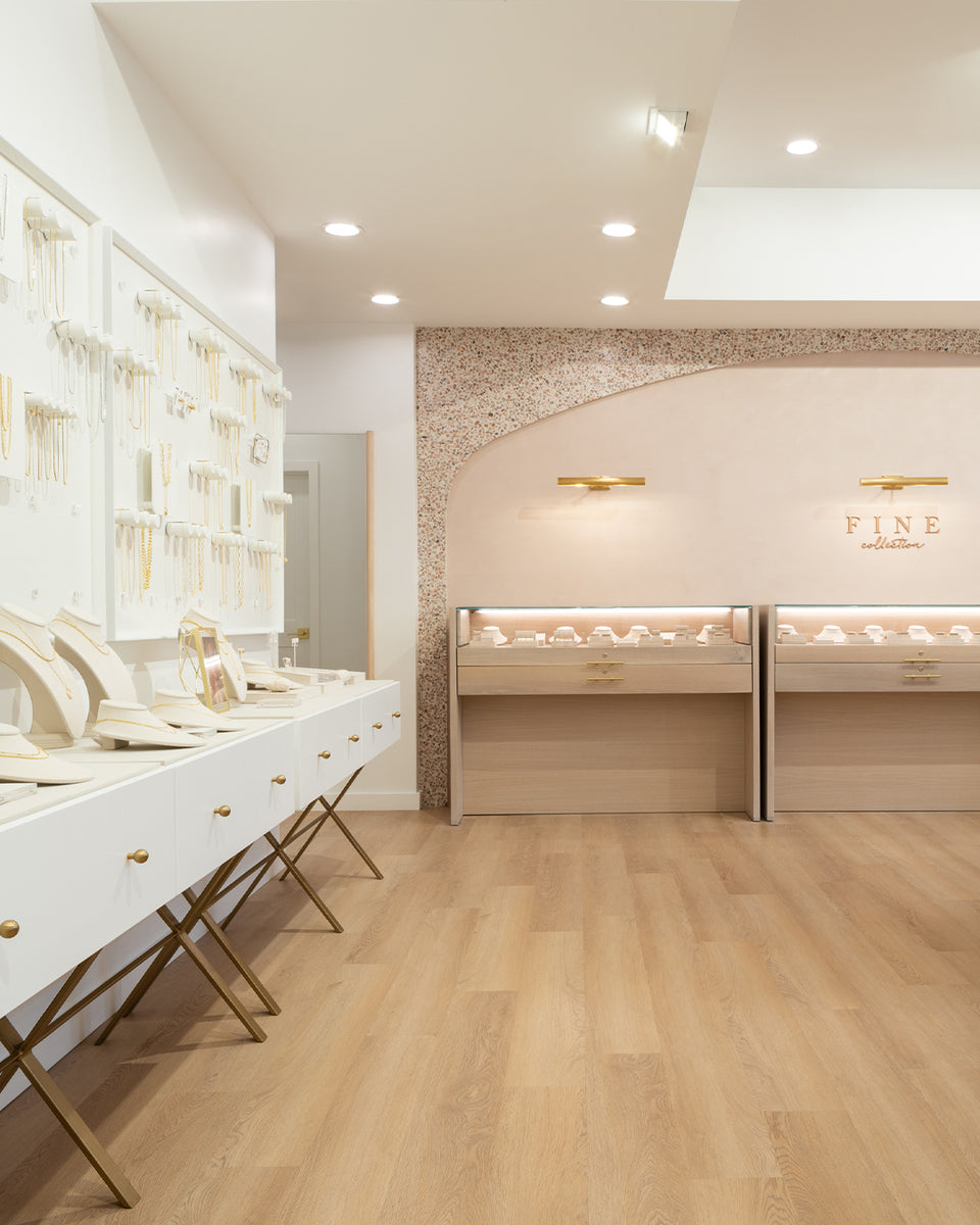 gorjana store with jewelry cases along walls