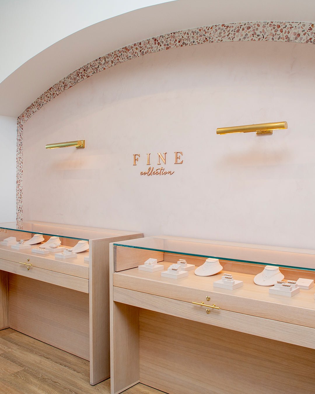 fine jewelry wall and jewelry case in store