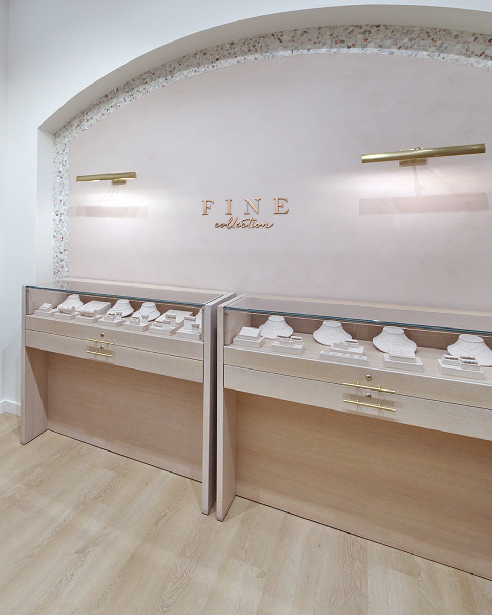 Fine jewelry collection cases in store