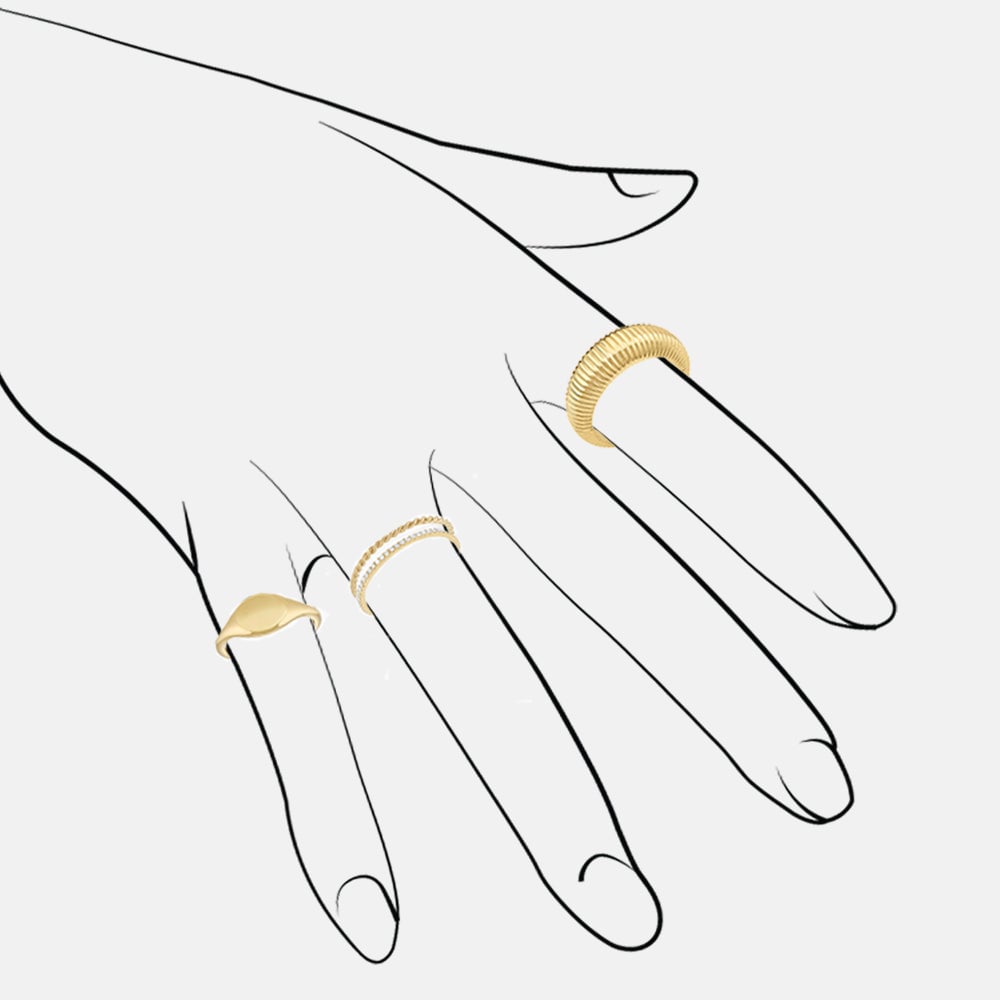 Graphic of hand with a stack of 14k gold and gold plated rings