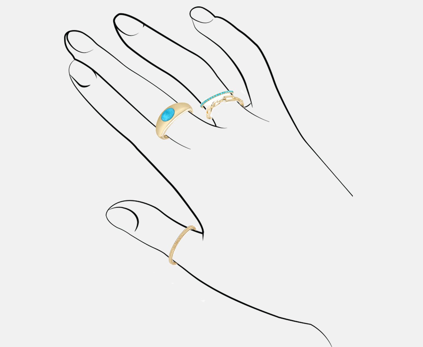 Graphic of hand with a stack of gold and turquoise rings