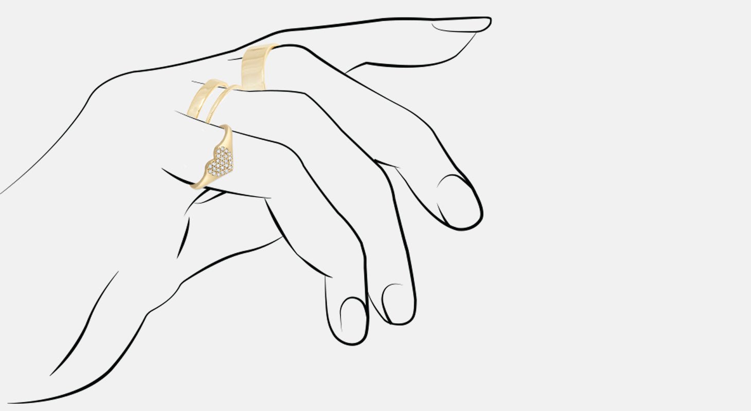 graphic of hand with gold diamond signet ring and gold plated 3 ring set