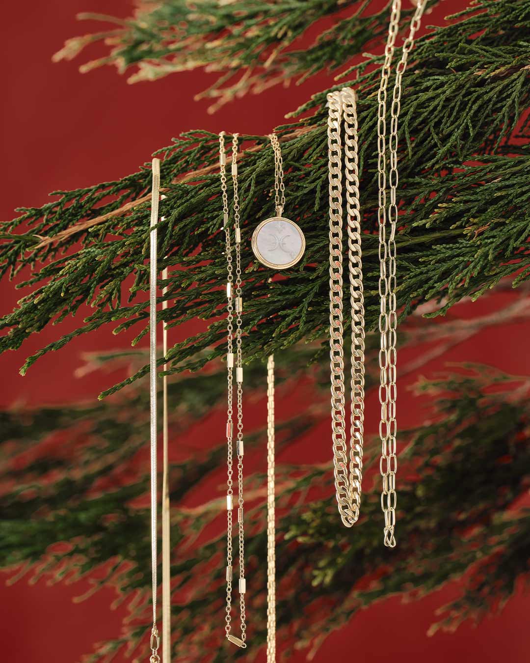 Gold necklaces and bracelets on a branch with a red background