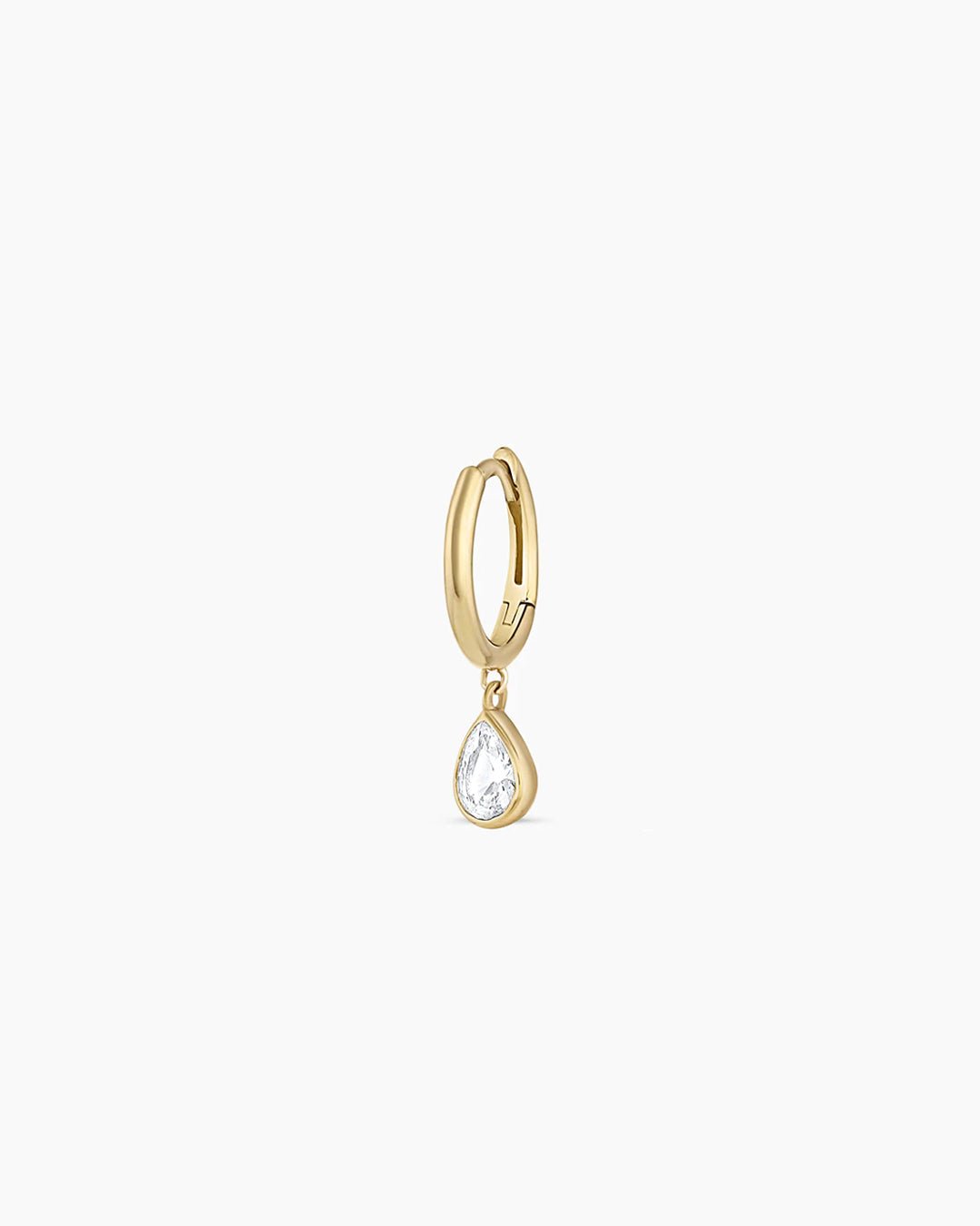 White Sapphire Pear Charm Huggie || option::14k Solid Gold, Single