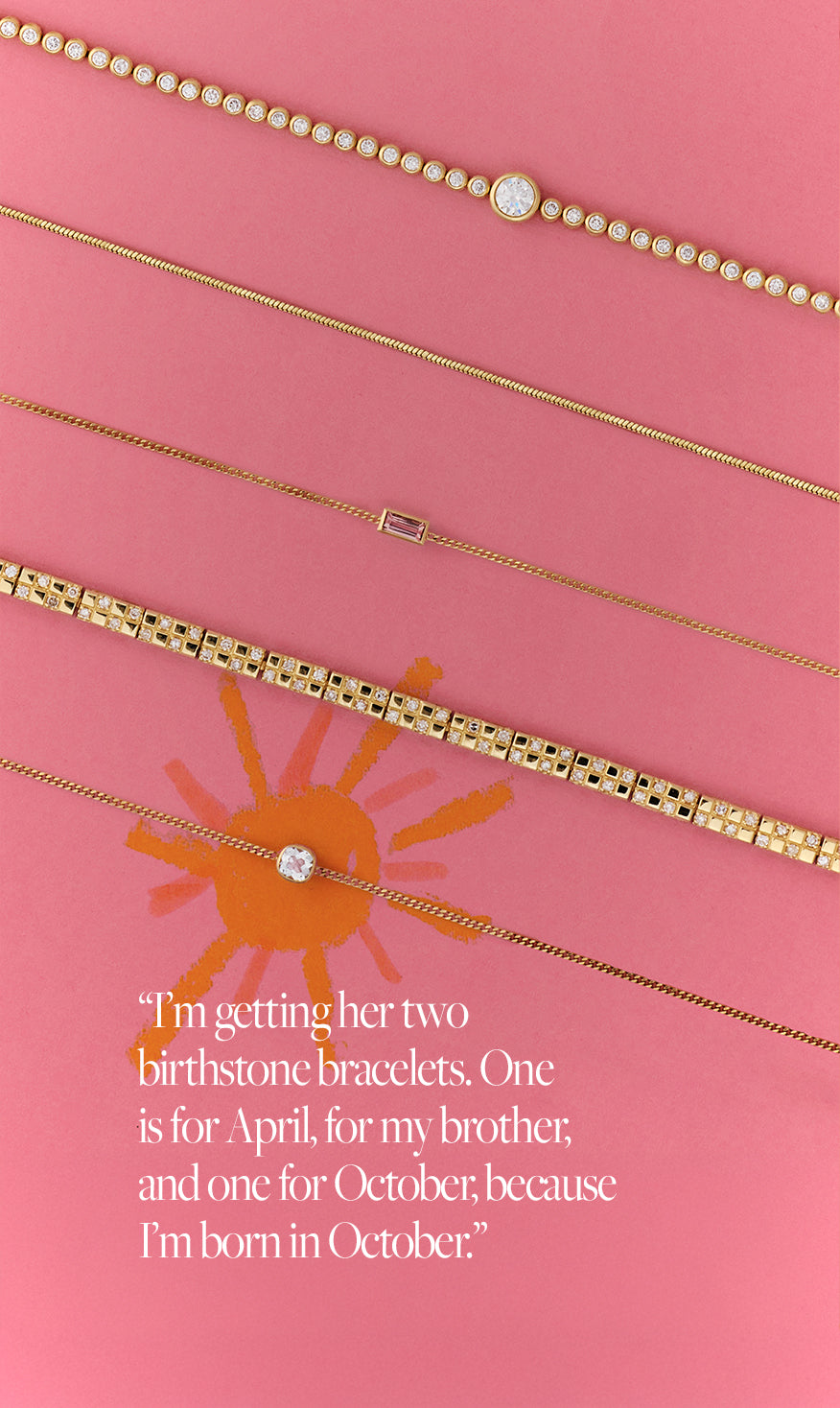 Gold bracelets on a pink background with text about birthstone bracelets.